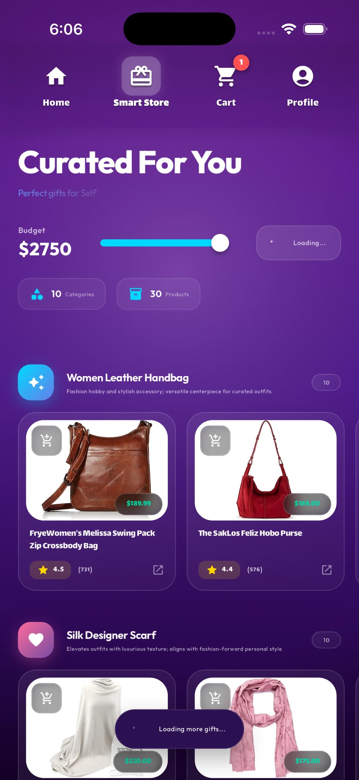Find Me A Gift Smart Store UI showing curated handbags and scarves
