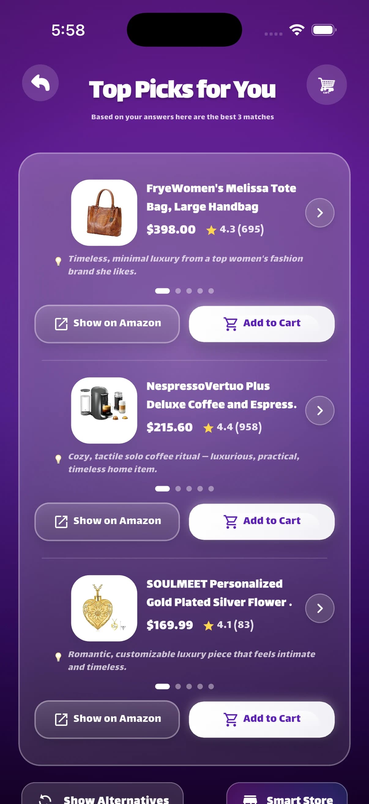 Find Me A Gift Gift Mode Top Picks showing Tote Bag and Coffee Machine